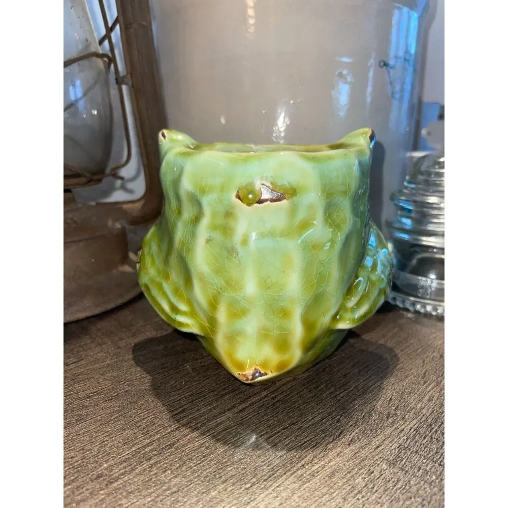 Vintage Green Glazed Ceramic Owl Planter Pot Crackle Glaze Hand Crafted Succulen